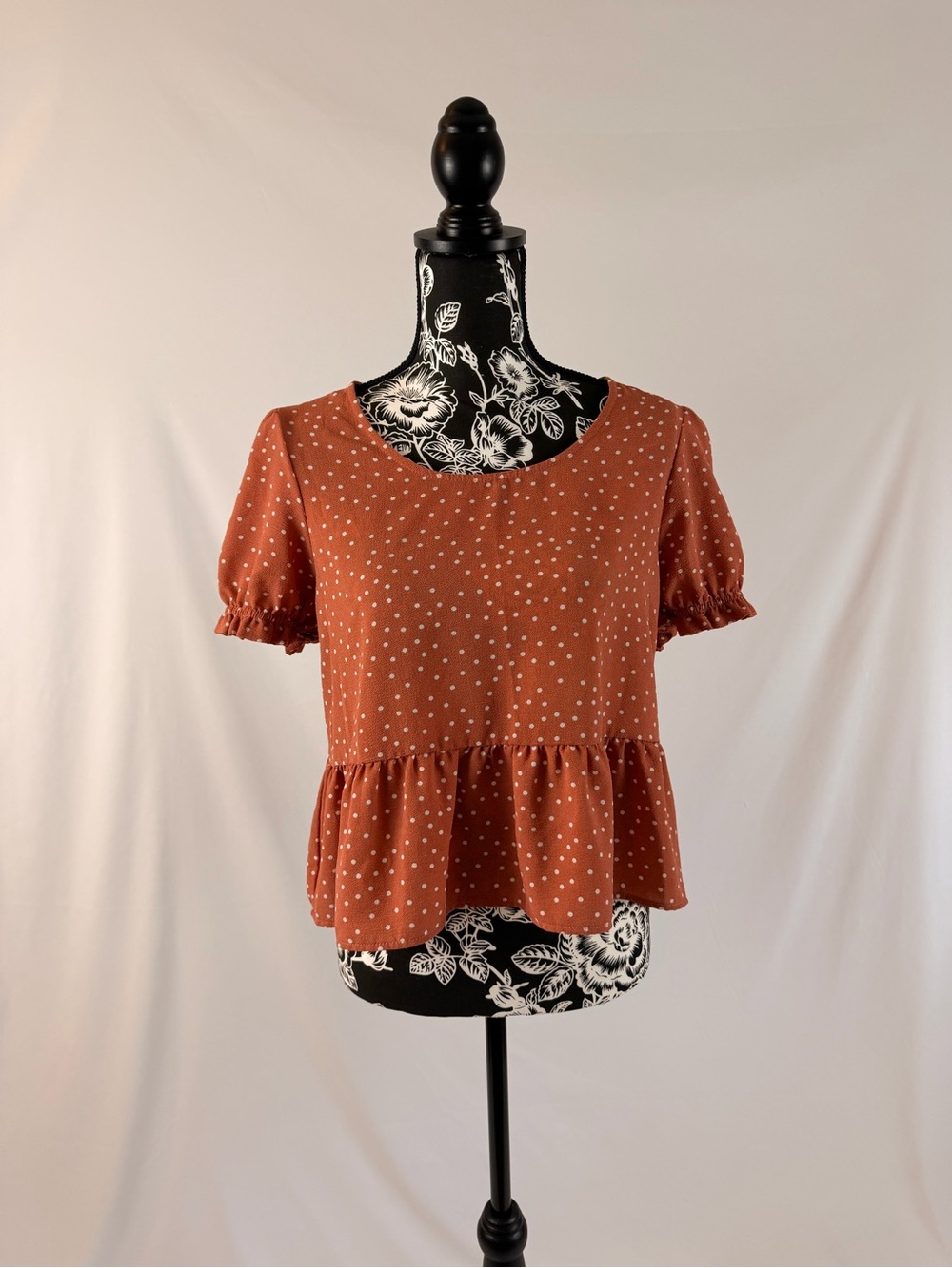Rust Polka Dot Peplum Top - Women